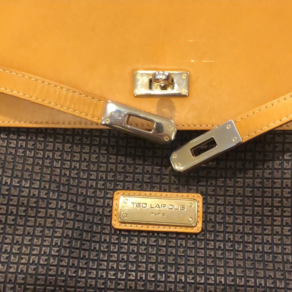 TED LAPIDUS Caramel Leather Top Handle & Monogram Logo Vinyl Crossbody Satchel - Picture 15 of 16